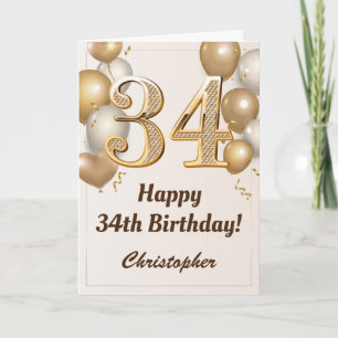 34th Birthday Gold Balloons and Confetti Birthday Card