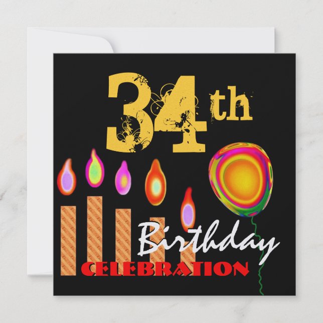 34th Birthday Gold Candles and Balloon Metallic Invitation (Front)