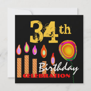 34th Birthday Gold Candles and Balloon Metallic Invitation