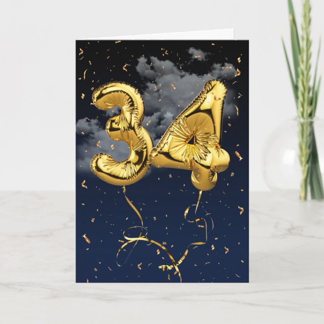 34th Birthday Gold Mylar Balloon and Confetti Card (Front)