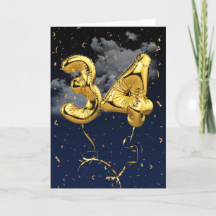 34th Birthday Gold Mylar Balloon and Confetti Card