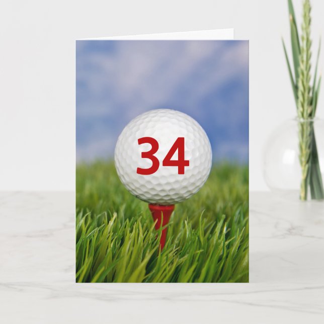 34th Birthday Golf Ball on Red Tee  Card (Front)