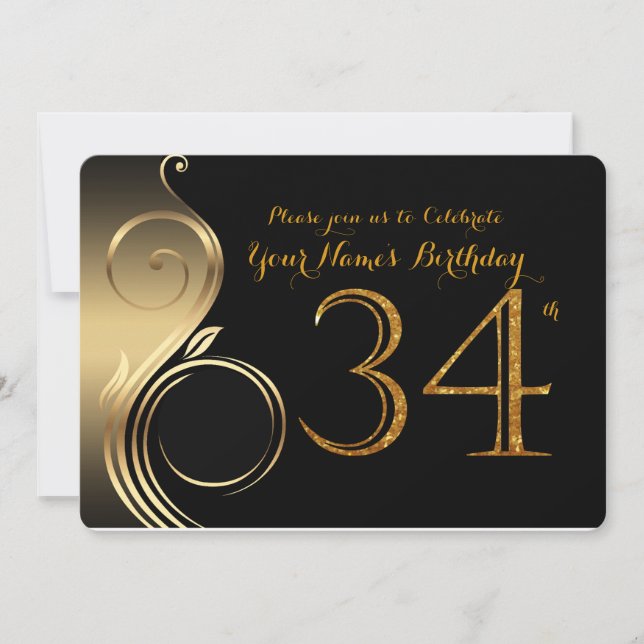34th,Birthday Invitation,Number Glitter Gold,Photo Invitation (Front)