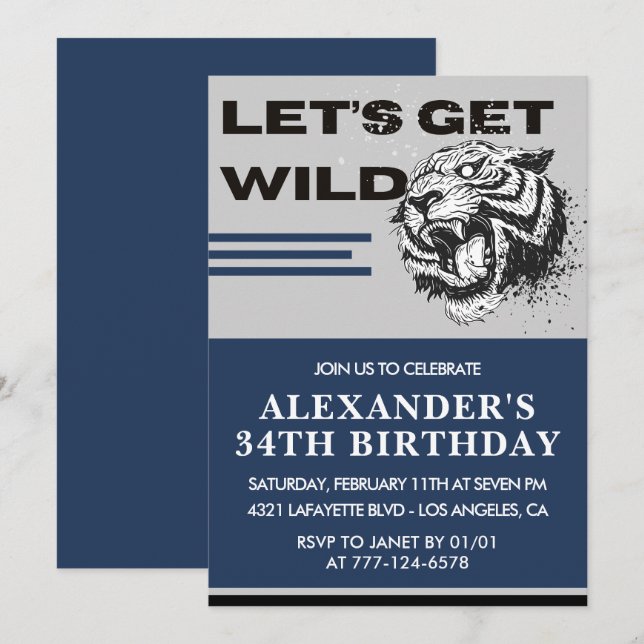 34th birthday invitations Men Tiger Let's Get Wild (Front/Back)