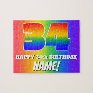 34th Birthday — Multicolored Rainbow Pattern “34” Jigsaw Puzzle