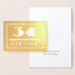 34th Birthday: Name + Art Deco Inspired Look "34" Foil Card