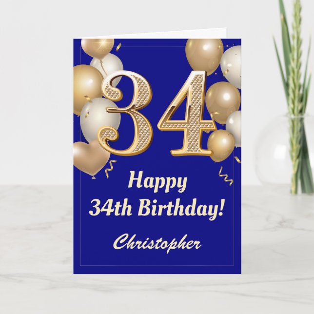34th Birthday Navy Blue and Gold Balloons Confetti Card (Front)