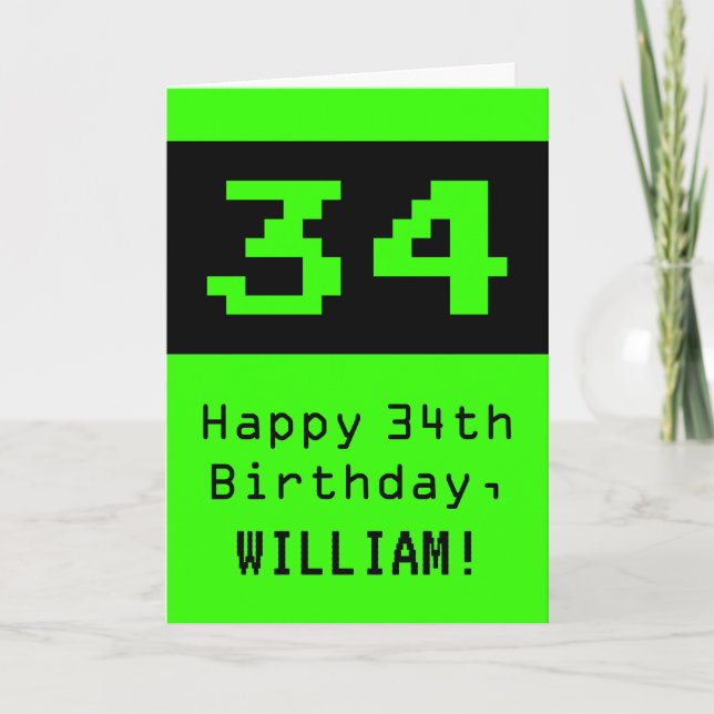 34th Birthday: Nerdy / Geeky Style "34" and Name Card (Front)