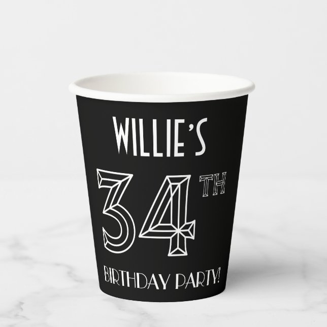 34th Birthday Party: Art Deco Style + Custom Name Paper Cups (Front)