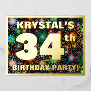 34th Birthday Party: Bold, Colourful Fireworks Loo Foil Invitation Postcard