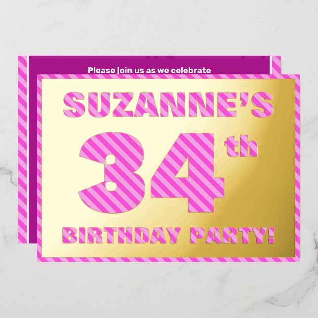 34th Birthday Party — Bold, Fun, Pink Stripes # 34 (Front/Back)