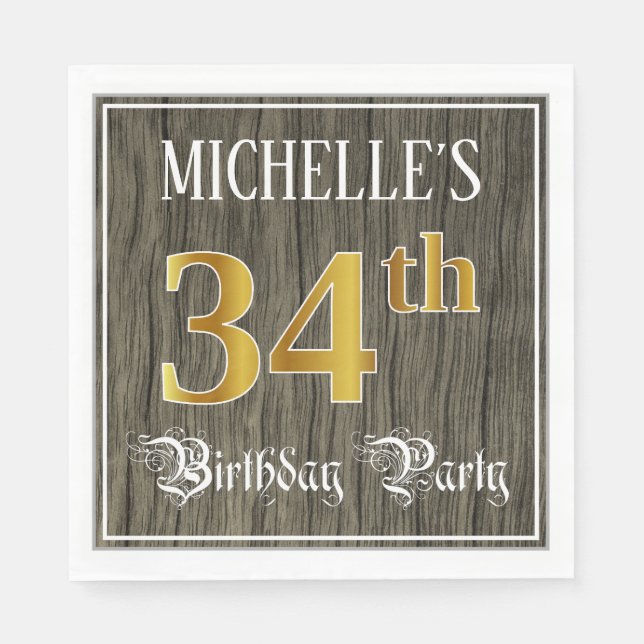 34th Birthday Party — Faux Gold & Faux Wood Looks Napkin (Front)