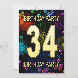 34th Birthday Party Invitation Fireworks Bubbles