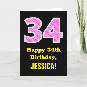 34th Birthday: Pink Stripes and Hearts "34" + Name Card