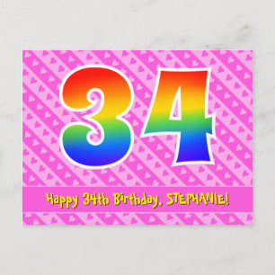 34th Birthday: Pink Stripes & Hearts, Rainbow 34 Postcard