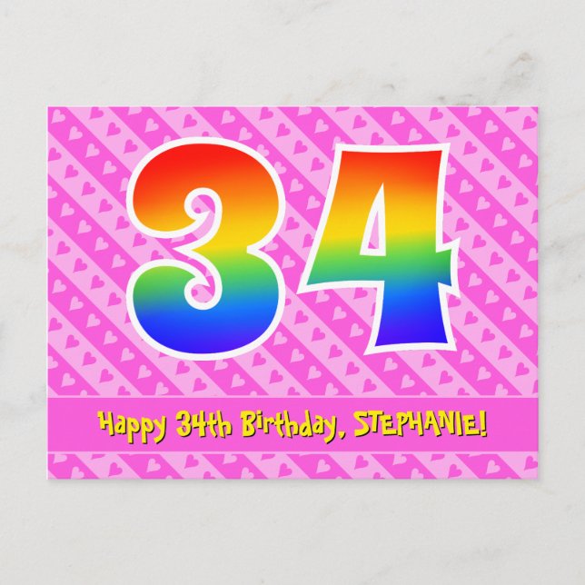 34th Birthday: Pink Stripes & Hearts, Rainbow 34 Postcard (Front)