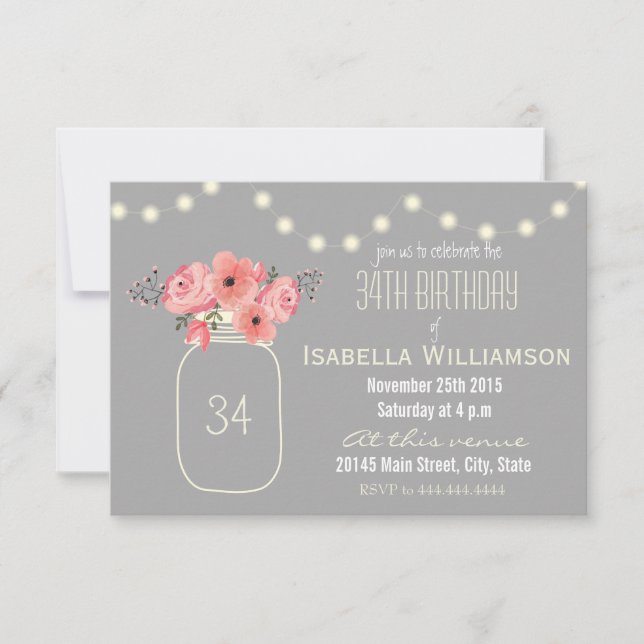 34th Birthday Pink Watercolor Flowers & Mason Jar Invitation (Front)