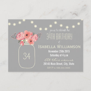34th Birthday Pink Watercolor Flowers & Mason Jar Invitation