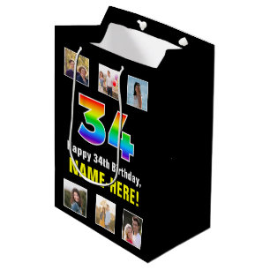 34th Birthday: Rainbow “34“, Custom Photos & Name Medium Gift Bag