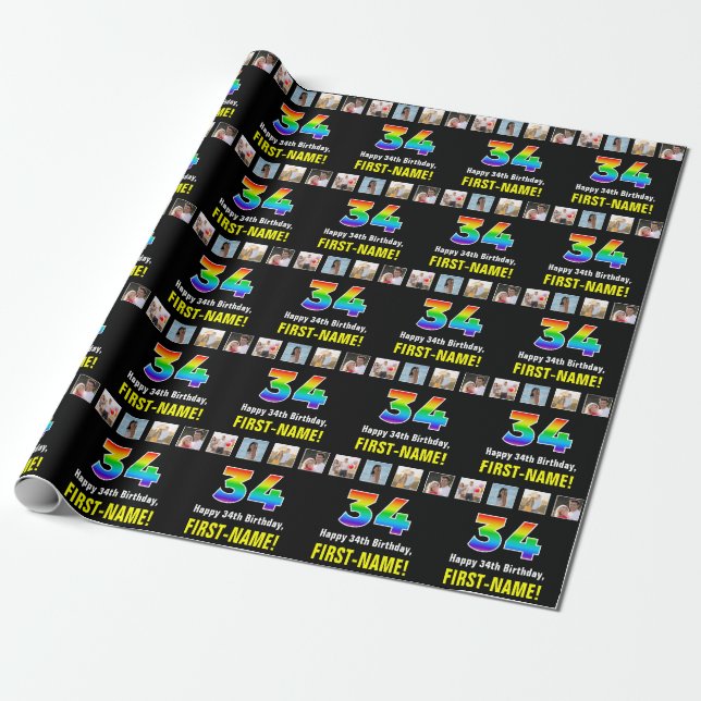 34th Birthday: Rainbow “34“; Custom Photos & Name Wrapping Paper (Unrolled)