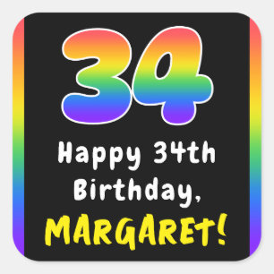 34th Birthday: Rainbow Spectrum # 34, Custom Name Square Sticker