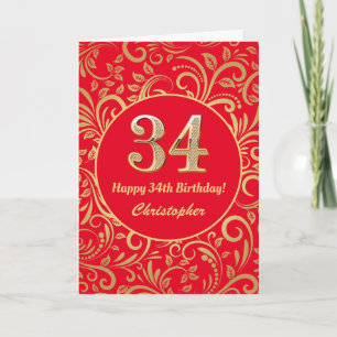 34th Birthday Red and Gold Floral Pattern Card