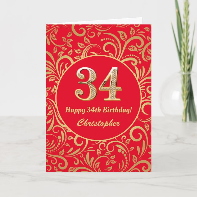 34th Birthday Red and Gold Floral Pattern Card (Front)