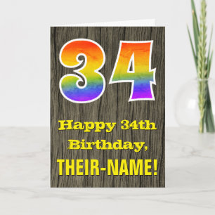 34th Birthday: Rustic Faux Wood Look, Rainbow "34" Card