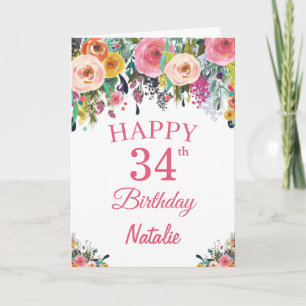 34th Birthday Watercolor Floral Flowers Pink Card