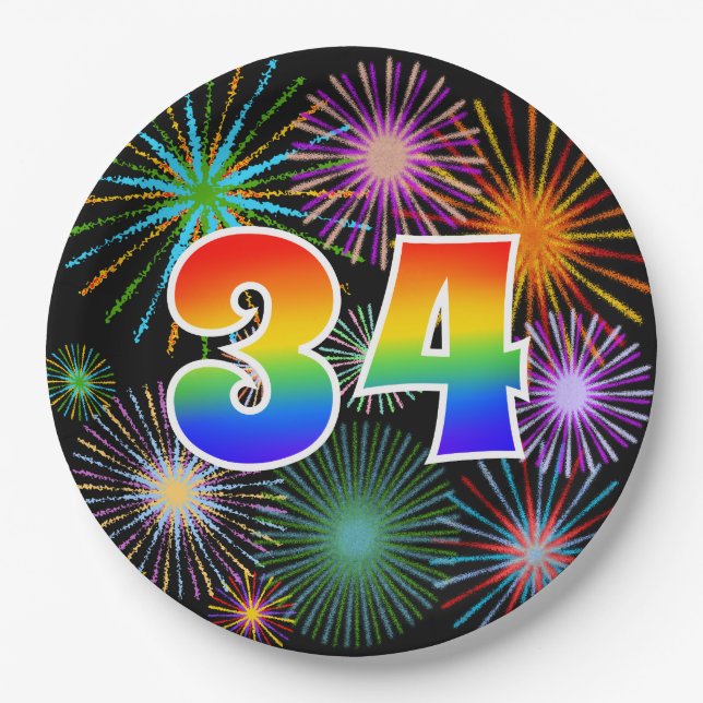 34th Event - Fun, Colourful, Bold, Rainbow 34 Paper Plate (Front)