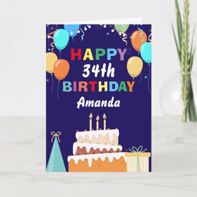 34th Happy Birthday Balloons Cake Navy Blue Card (Front)