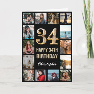 34th Happy Birthday Black and Gold Photo Collage Card