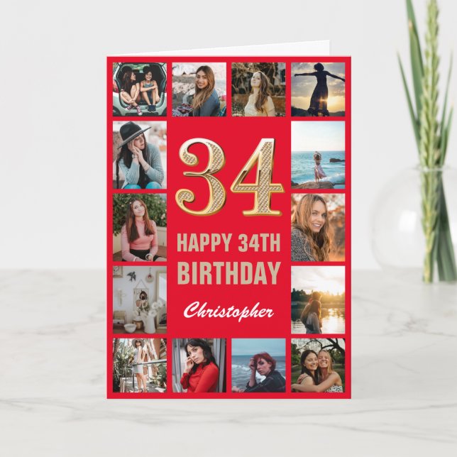 34th Happy Birthday Red and Gold Photo Collage Card (Front)