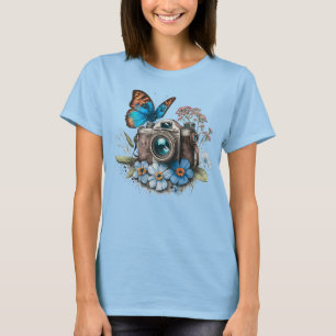 35 mm Camera, Butterfly and Flowers T-Shirt
