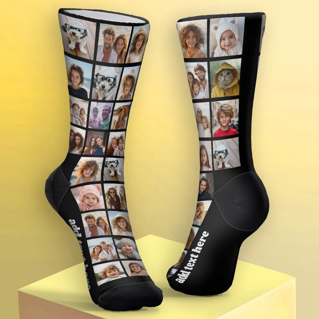 35 Photos - pic grid all over with one line text Socks (Custom Socks - Add Your Photo Collage)