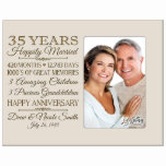 35 Years Happily Married Ivory Picture Frame<br><div class="desc">This stunning personalised photo frame is the perfect keepsake to commemorate a couple's 35th wedding anniversary. Laser engraved with the happy couple's names and the date they got married, along with a list of how many descendants they have so far, this beautiful frame is suitable to hang on a wall...</div>