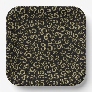 35 Years Random Number Pattern Gold/Black Paper Plate