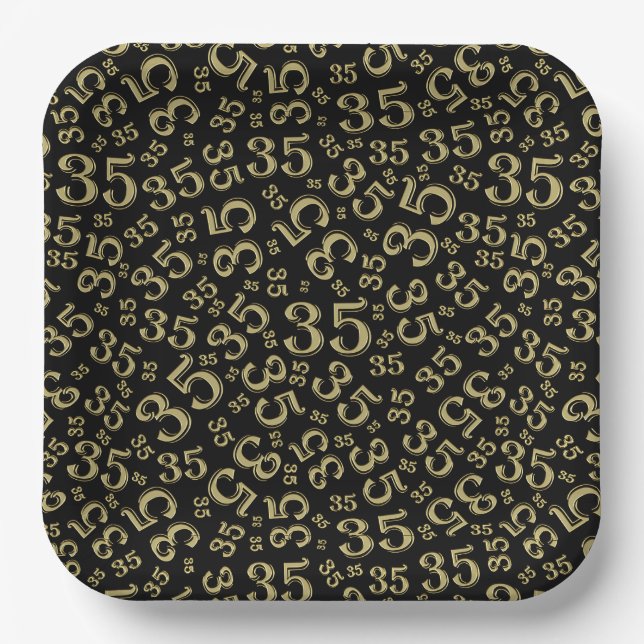 35 Years Random Number Pattern Gold/Black Paper Plate (Front)