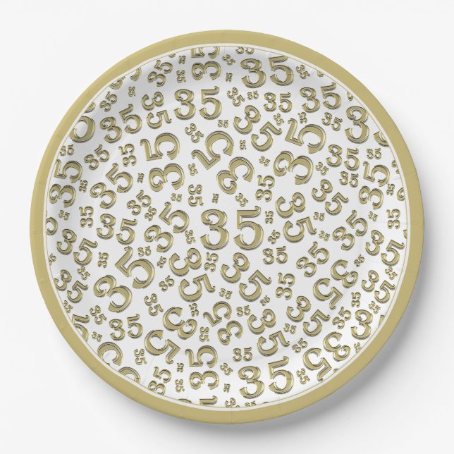 35 Years Random Number Pattern Gold/White Paper Plate (Front)