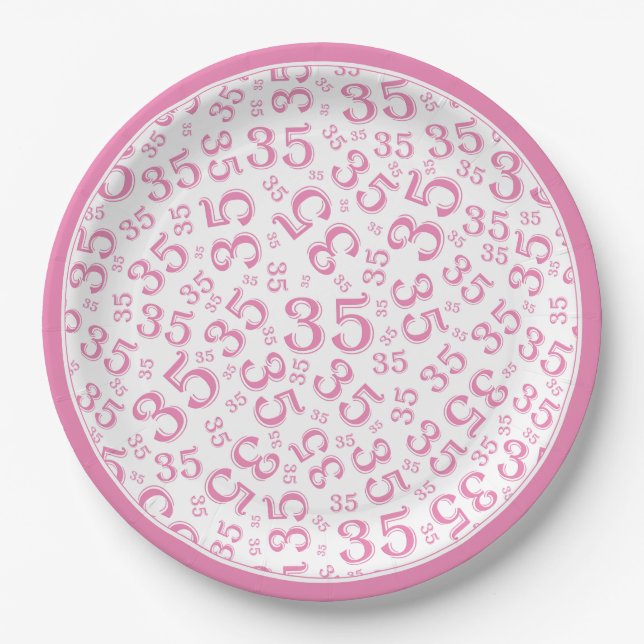 35 Years Random Number Pattern Pink/White Paper Plate (Front)