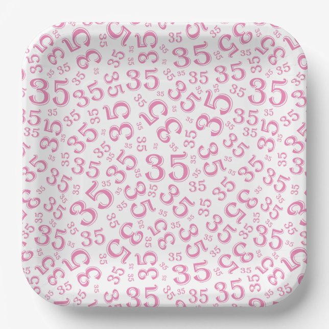 35 Years Random Number Pattern Pink/White Paper Plate (Front)