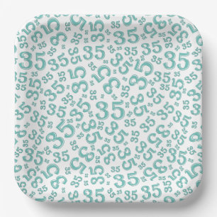 35 Years Random Number Pattern Teal/White Paper Plate