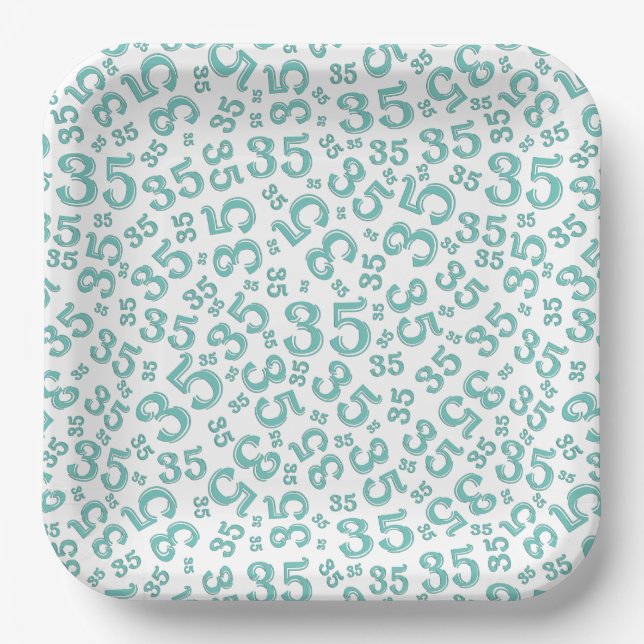 35 Years Random Number Pattern Teal/White Paper Plate (Front)