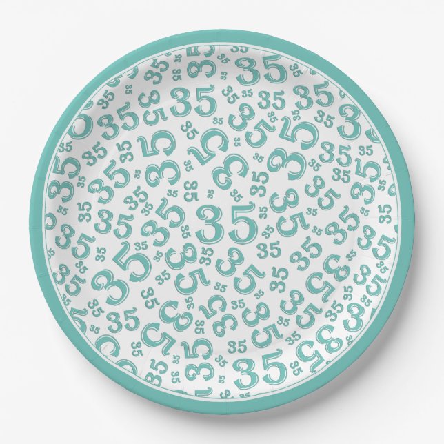 35 Years Random Number Pattern Teal/White Paper Plate (Front)