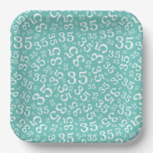 35 Years Random Number Pattern Teal/White Paper Plate