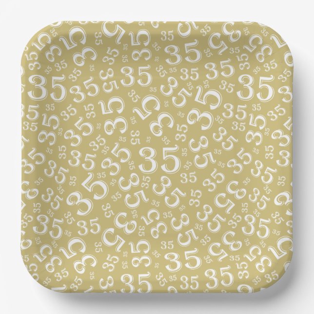 35 Years Random Number Pattern White/Gold Paper Plate (Front)