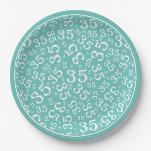 35 Years Random Number Pattern White/Teal Paper Plate