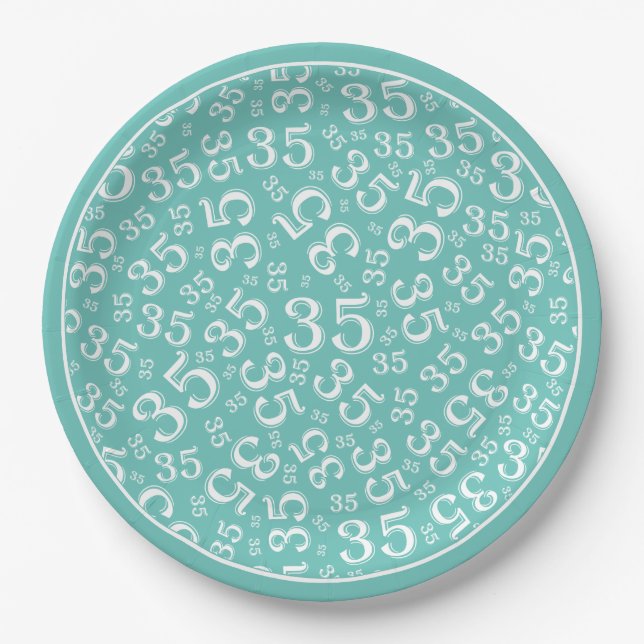 35 Years Random Number Pattern White/Teal Paper Plate (Front)