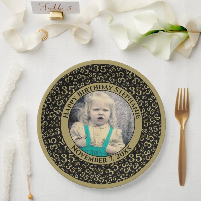 35 Your Photo Random Number Pattern Black/Gold Paper Plate (Wedding)