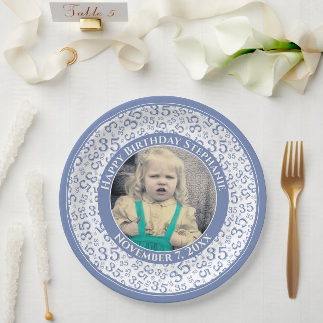 35 Your Photo Random Number Pattern Blue/White Paper Plate (Wedding)